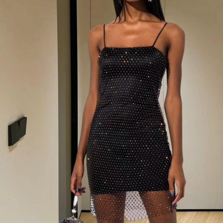 Rhinestone Fishnet Dress with Inner layer TrenBee Rhinestone Fishnet Dress with Inner layer TrenBee