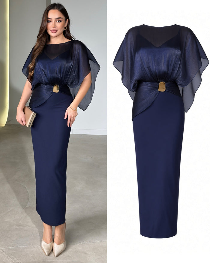 Giselle Organza Dress with Cape in navy blue