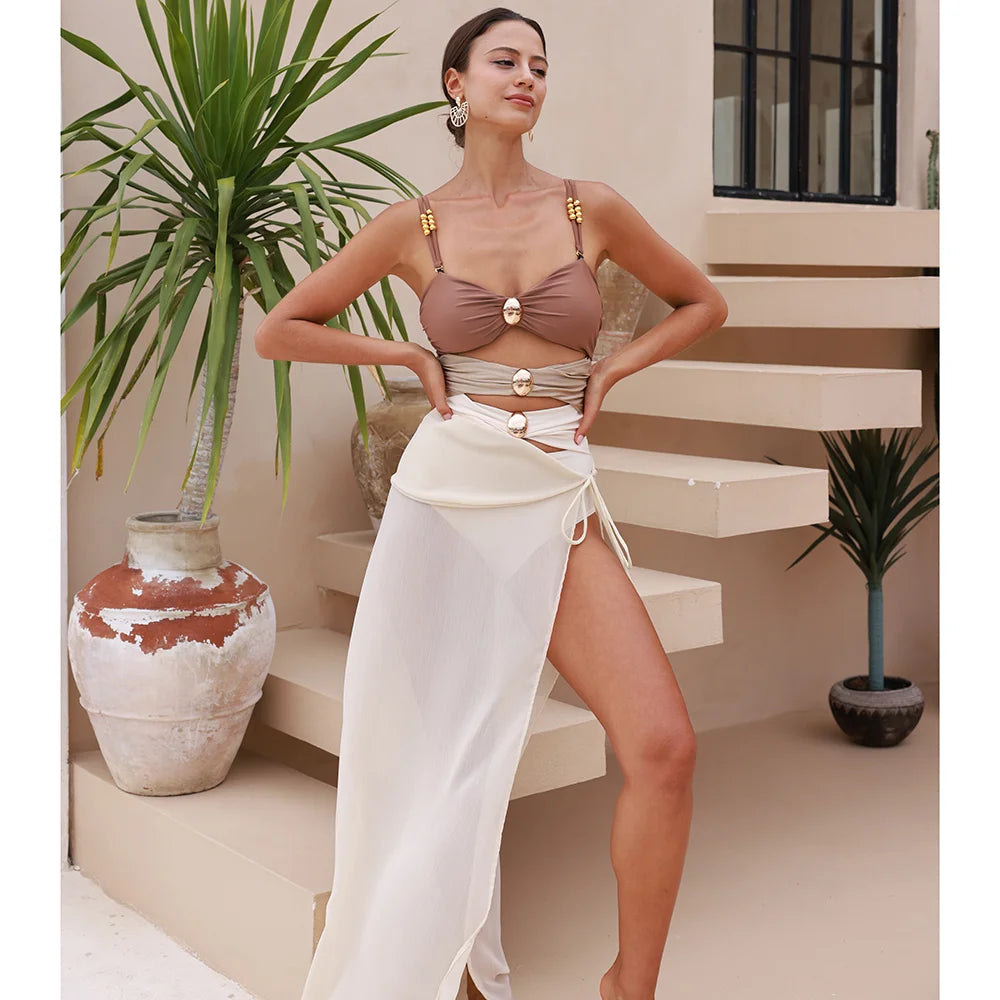 Izzie Swimsuit with Skirt in Brown
