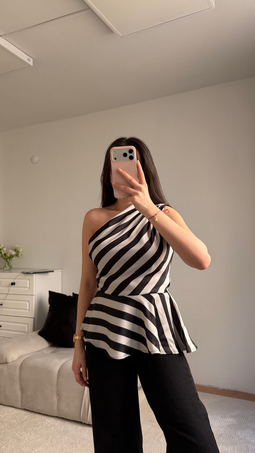Indaze One Shoulder Striped Blouse