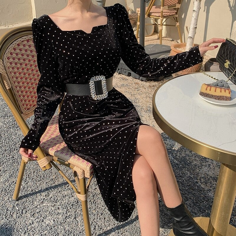 belt with bodycon dress H Han Queen Knitted Bodycon Dress Bottoming Women Soft Elastic Turtleneck Sweater Autumn Winter Midi Party Dresses With Belt
