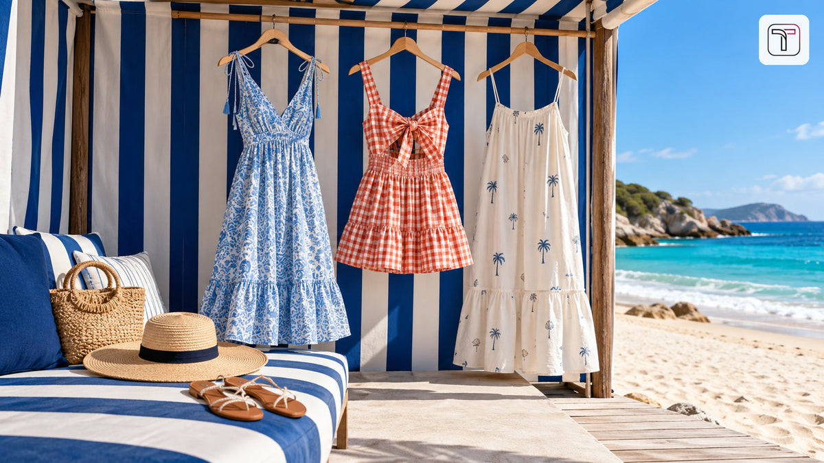 Three summer dresses hanging in a blue-and-white striped beach cabana beside the sea