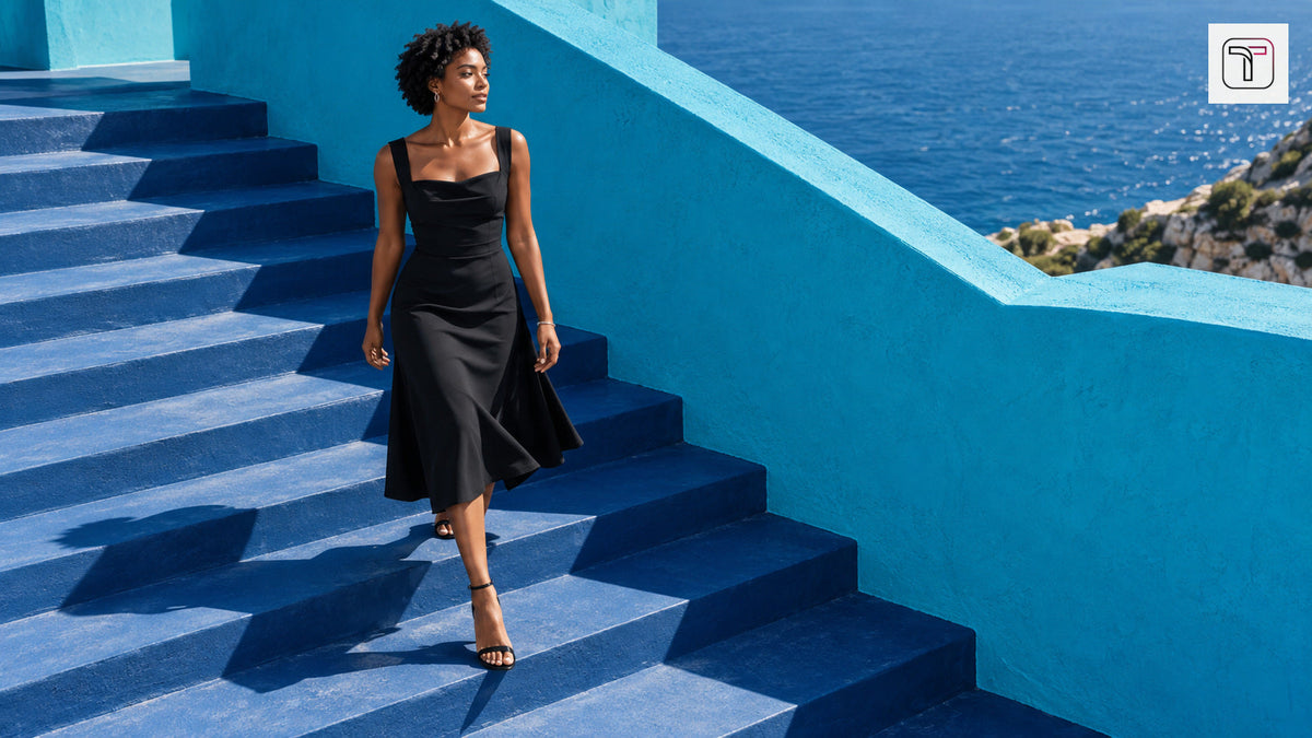 Woman in a black midi dress descending sunlit cobalt steps beside a turquoise coastal wall