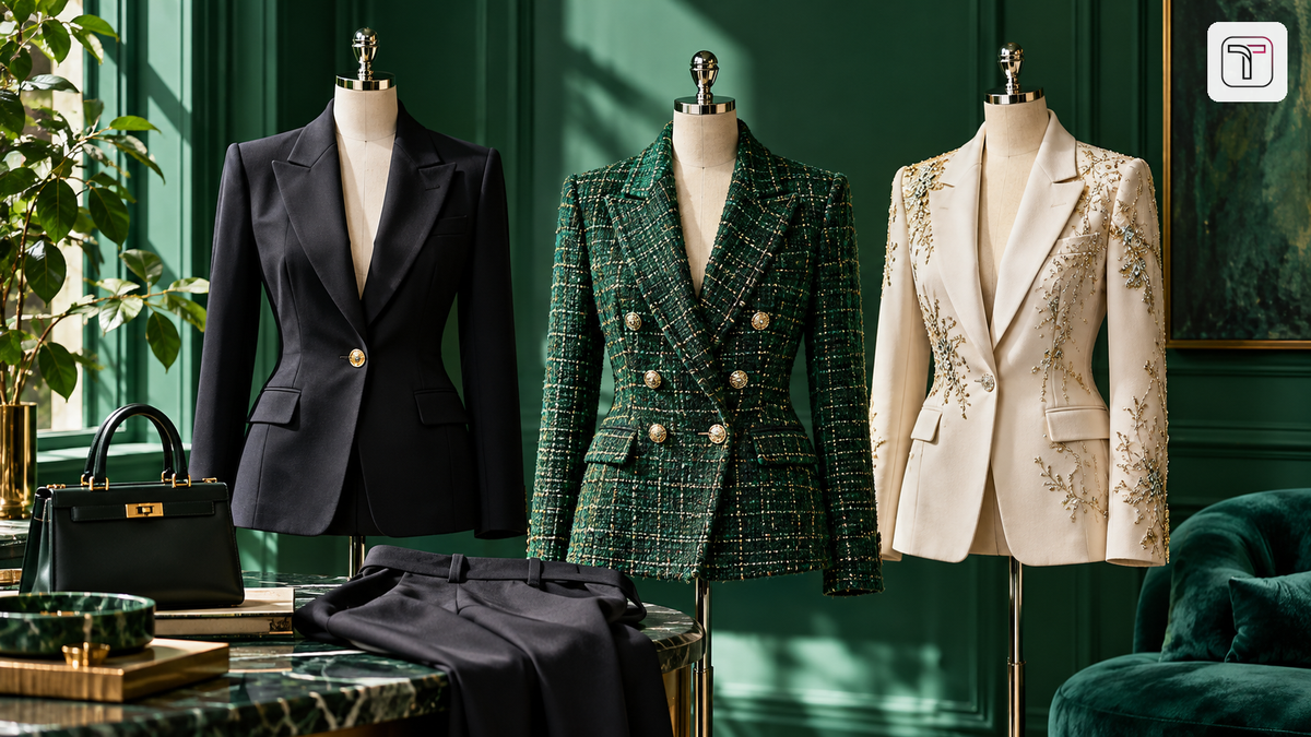 Three distinct women's blazers displayed in a green fashion styling studio – TrenBee