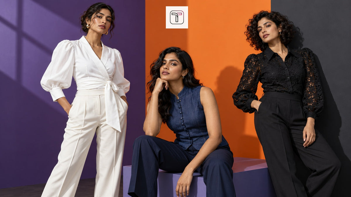 Three women in wrap poplin, sleeveless denim and black lace blouses against a bold colour-block studio background
