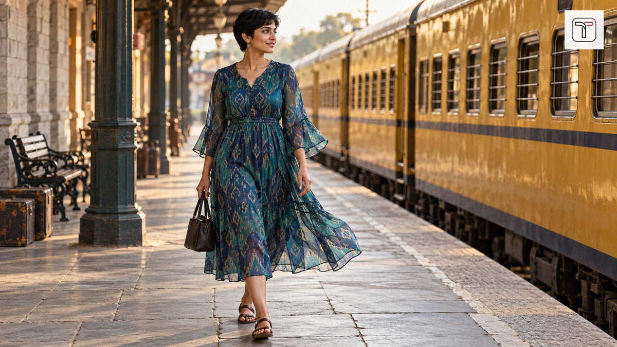 Woman with short hair walking in a teal printed chiffon dress on a railway platform beside an ochre train, with the official TrenBee logo.