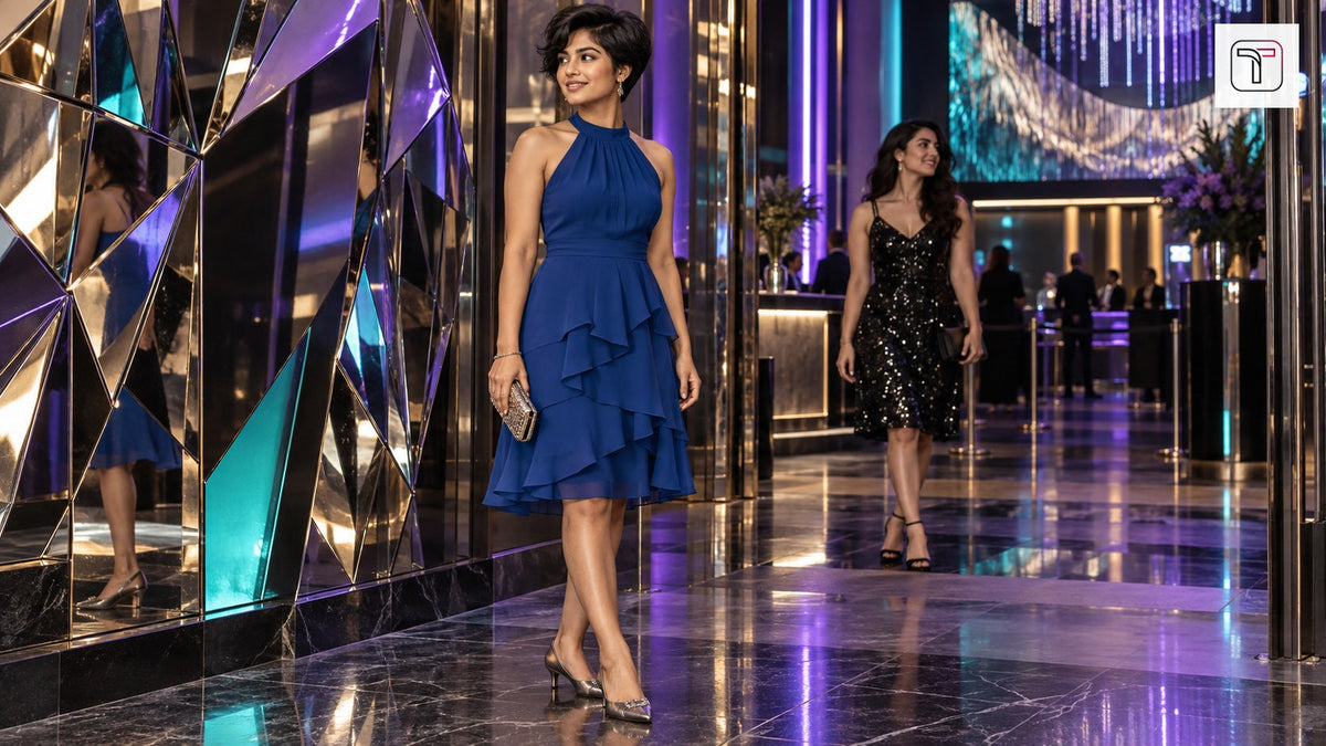 Two women in blue halter and black sequined dresses at a violet-lit evening music venue