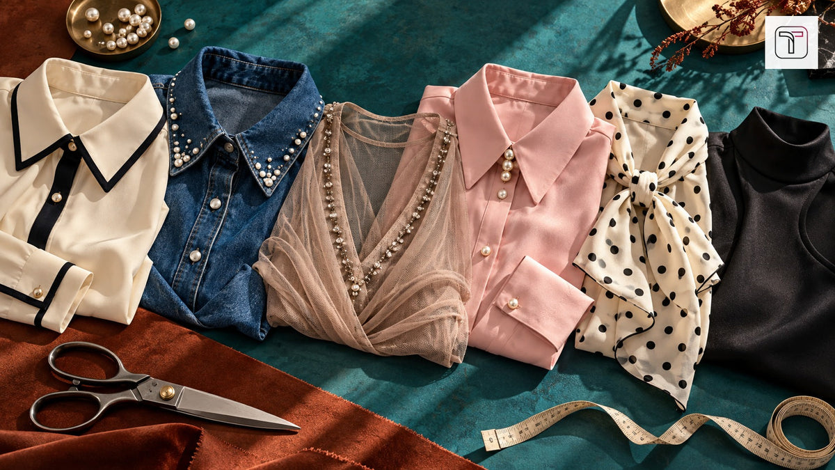 Editorial flat-lay of six different women's collar and neckline styles with denim, mesh, pearls and scarf detail