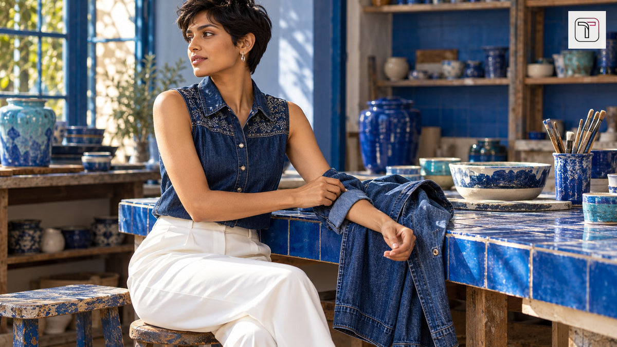 Woman in an embroidered indigo denim blouse and white trousers in a blue ceramics studio