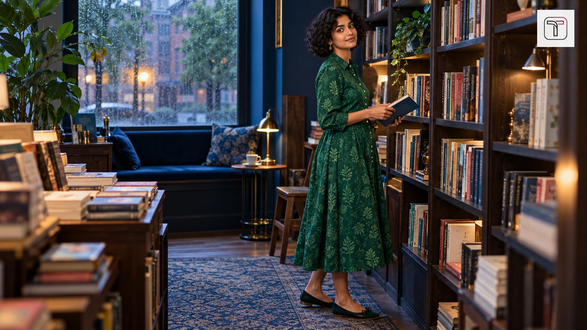 Woman with short curly hair wearing a green printed button-down dress in a bookshop with a rainy window and the official TrenBee logo.