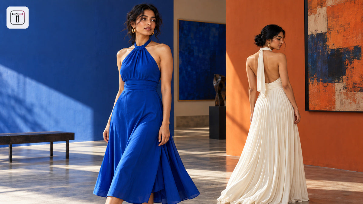 Two women in halter neck dresses showing front and back necklines in a colourful art gallery