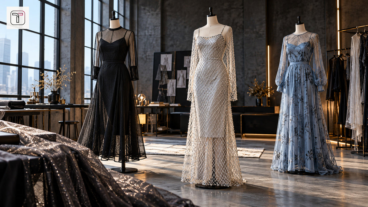 Three dress forms showing black mesh, white fishnet and blue printed mesh layering in a fashion atelier