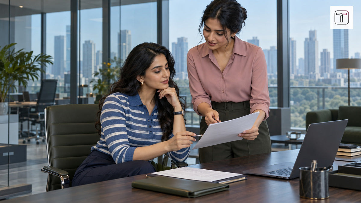 Two women reviewing paperwork at an office desk in a striped knit shirt and a pink blouse, with the official TrenBee logo.