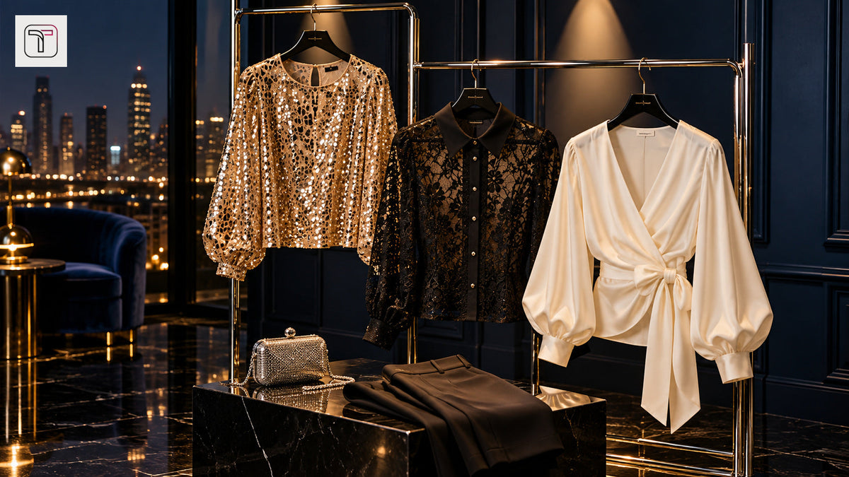 Sequined, lace and ivory wrap party tops arranged on a chrome rail in a midnight-blue dressing suite