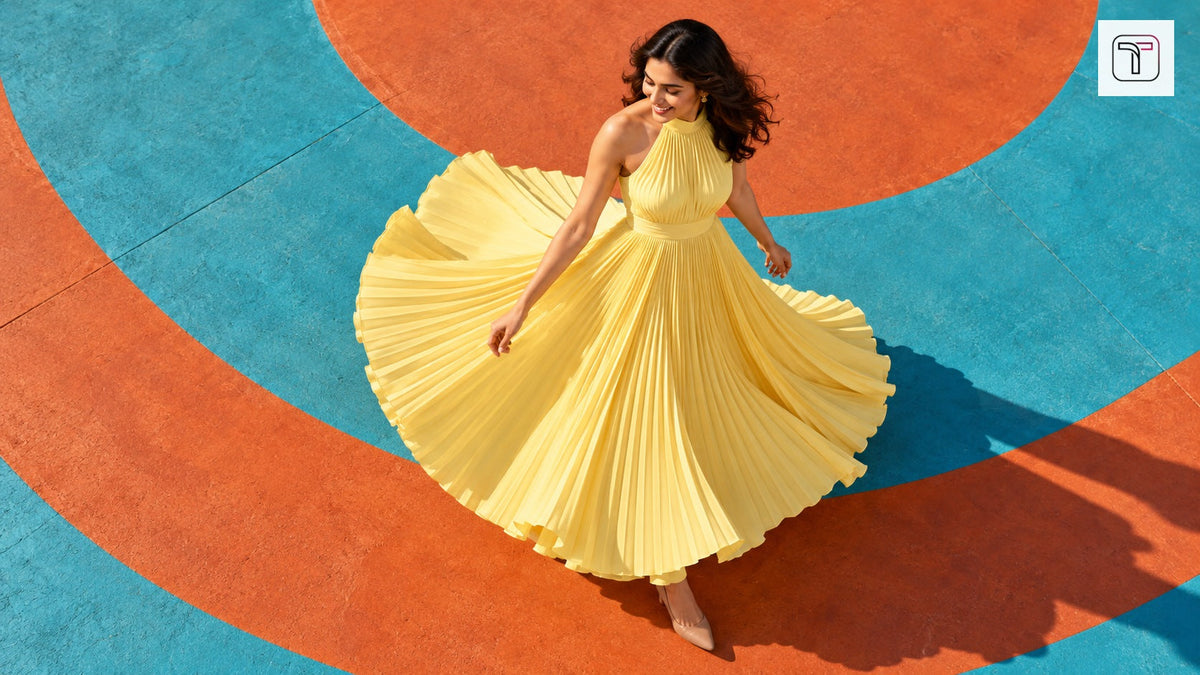 Overhead view of a woman turning in a yellow pleated dress on a turquoise and orange plaza, with the official TrenBee logo.