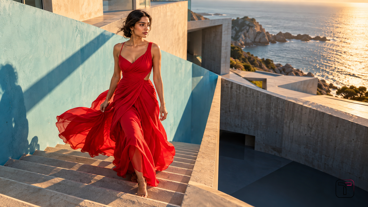 Red dresses for women in a coastal architectural fashion editorial – TrenBee