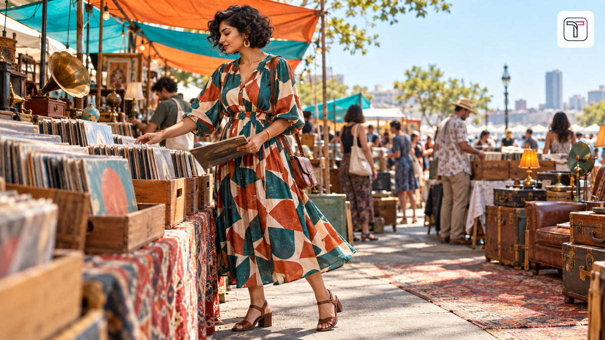 Woman in a geometric print dress browsing an outdoor vintage record market