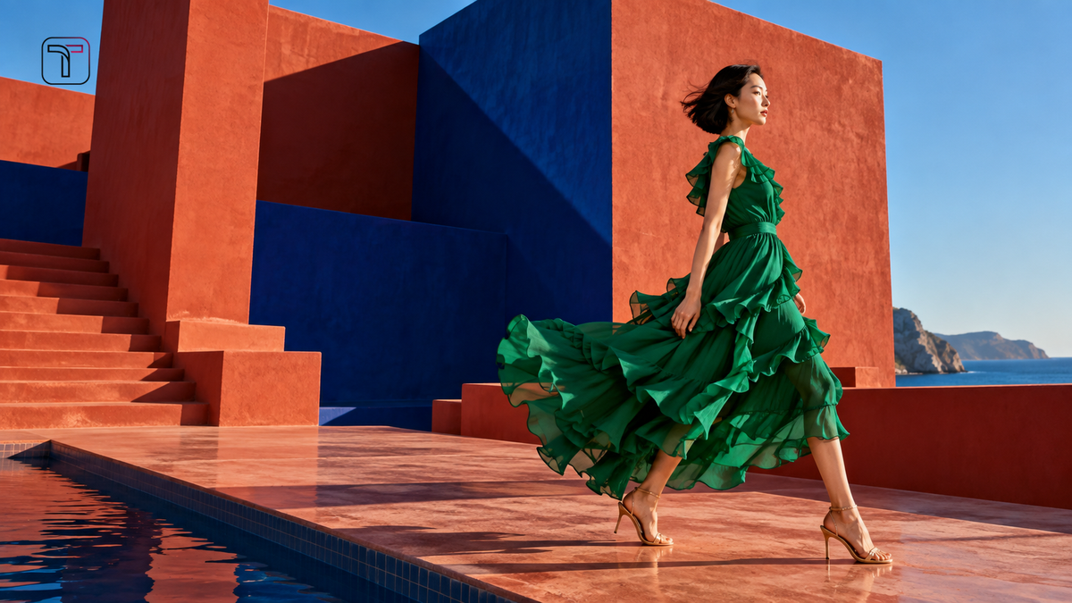 Ruffle dresses for women in a colour-block architectural fashion editorial – TrenBee