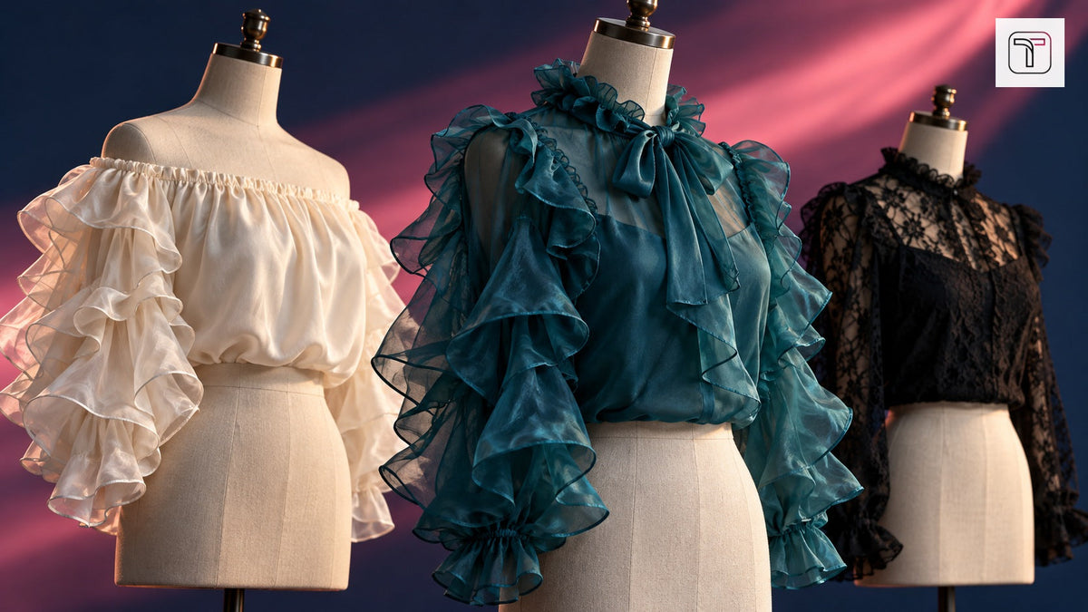 Three dress forms wearing ivory, teal and black ruffled tops against a blue and pink studio background, with the official TrenBee logo.
