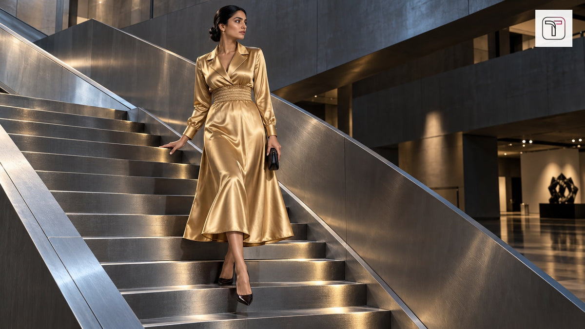Woman wearing a golden satin lapel midi dress on an angular steel staircase in an arts building, with the official TrenBee logo.