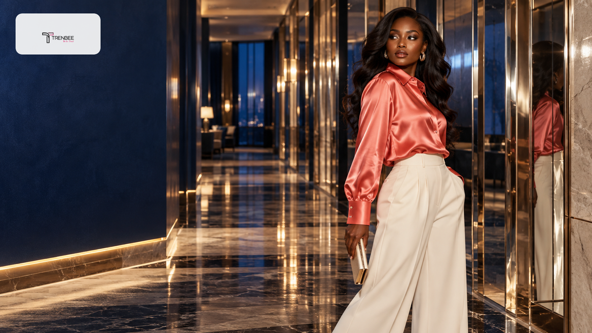Woman in a coral satin shirt and cream trousers in a mirrored hotel corridor for TrenBee