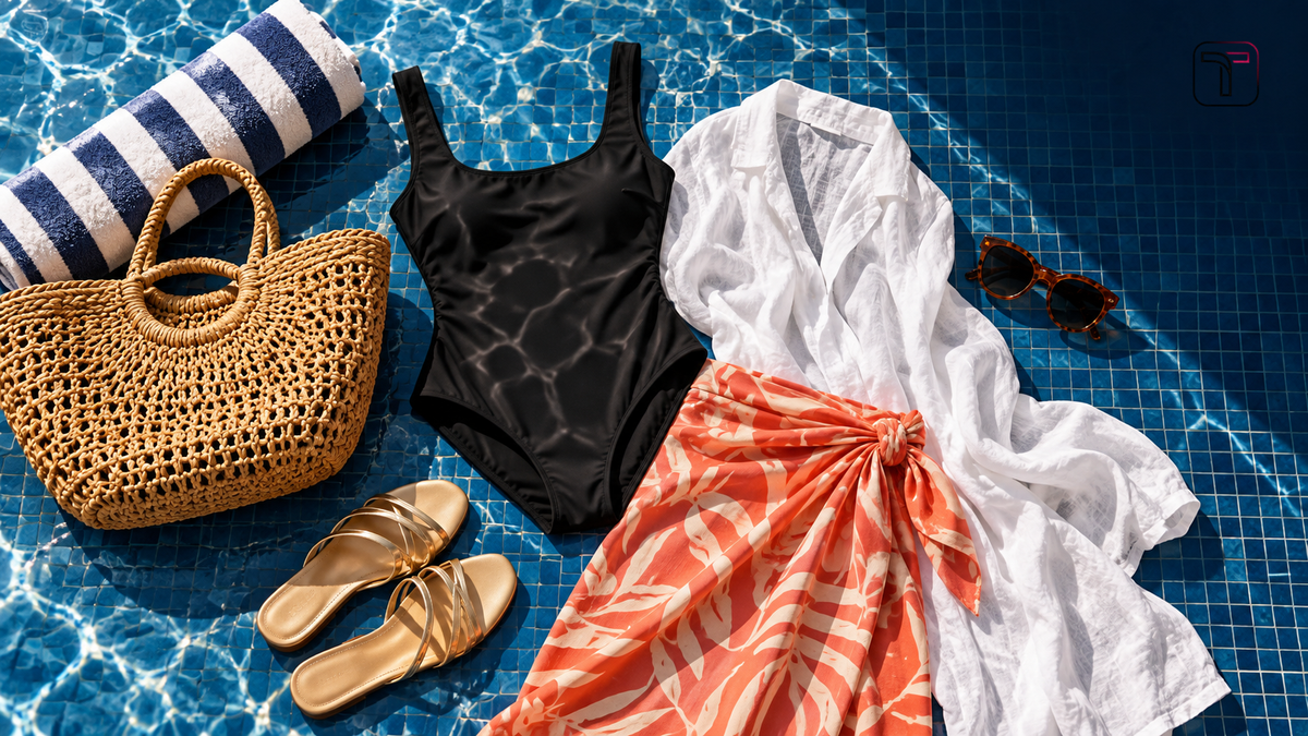 Swimsuits for women poolside flat-lay fashion editorial – TrenBee