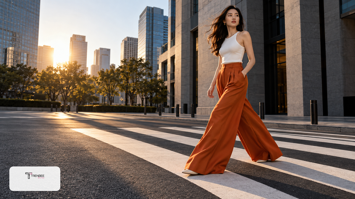 Woman in rust-orange wide-leg trousers crossing a modern city square at sunset – TrenBee