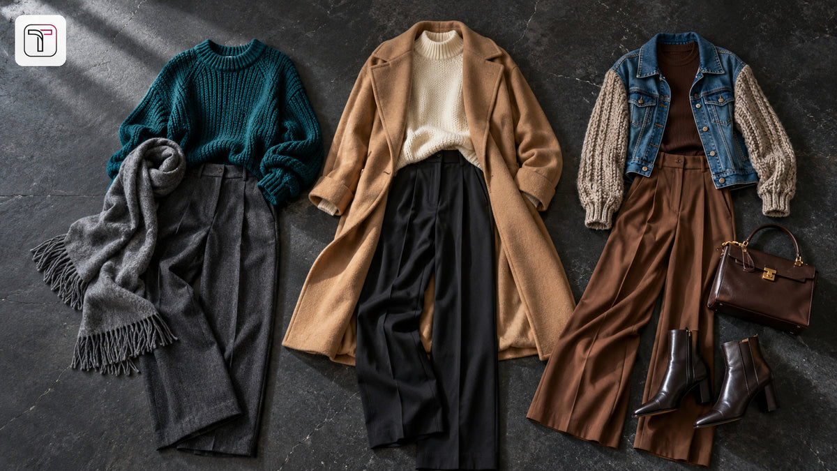 Three complete winter outfits arranged on dark stone: a teal knit, camel coat and denim knit jacket