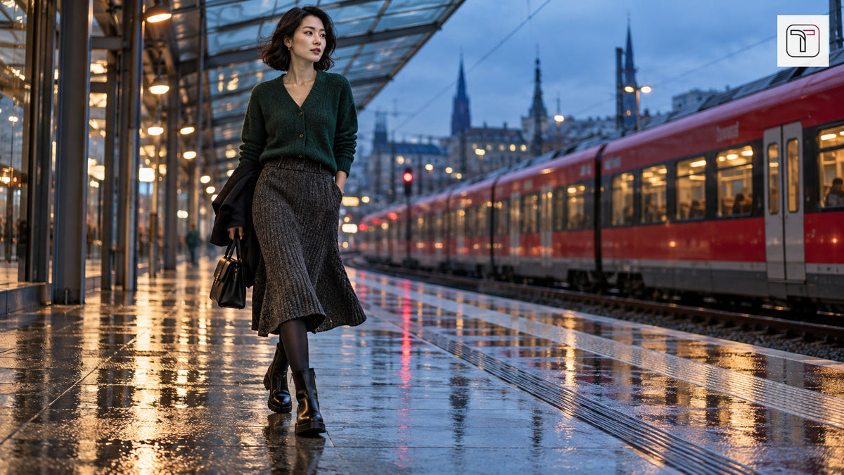 Woman in a knitted winter skirt, tights and boots walking on a rain-damp station platform