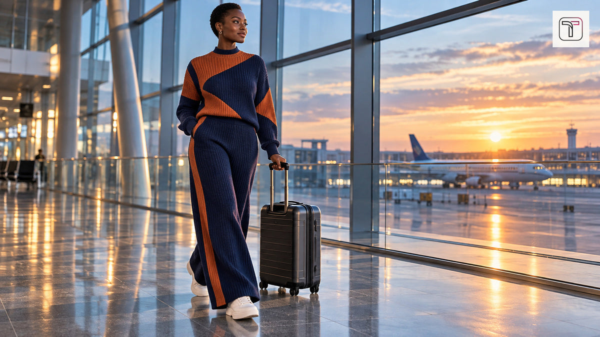Woman in a ribbed colour-block winter track set walking through a sunlit airport concourse