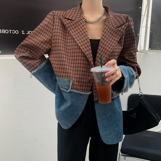 Wintour Plaid Denim Patchwork Blazer