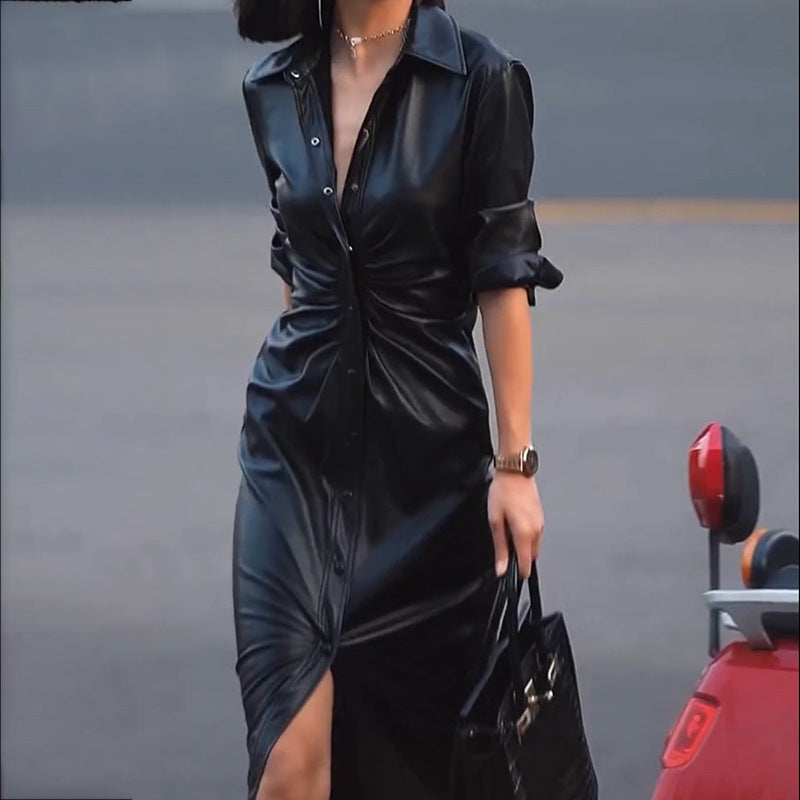 Olivia Leather A-line Midi Dress