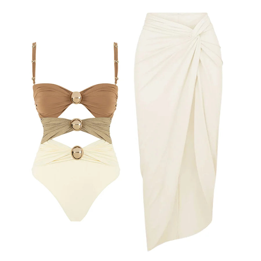 Izzie Swimsuit with Skirt in Brown
