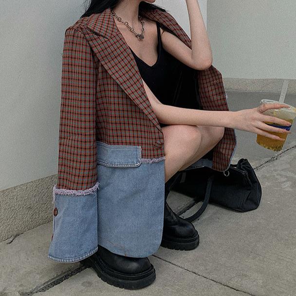 Wintour Plaid Denim Patchwork Blazer