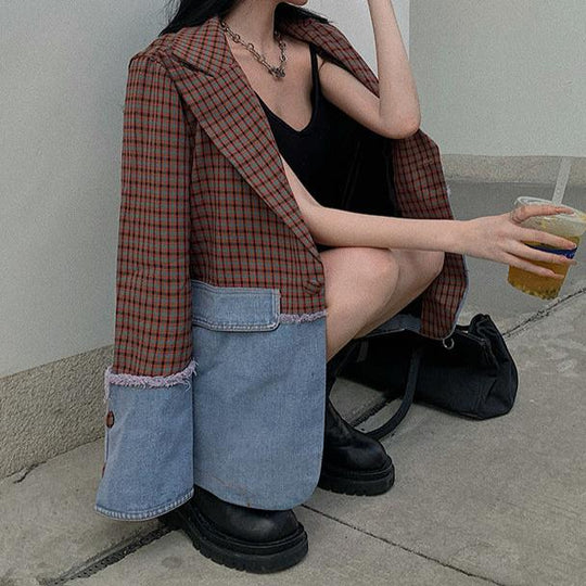 Wintour Plaid Denim Patchwork Blazer