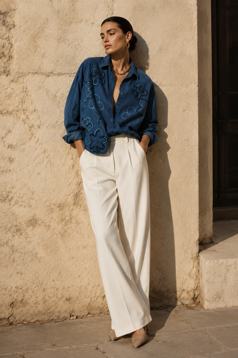 Alicia Embellished Denim Shirt with Sequin Detailing