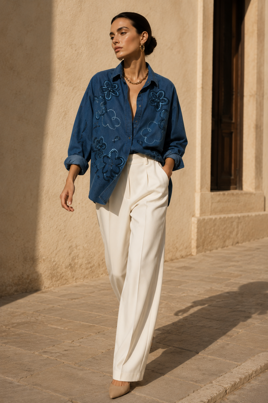 Alicia Embellished Denim Shirt with Sequin Detailing