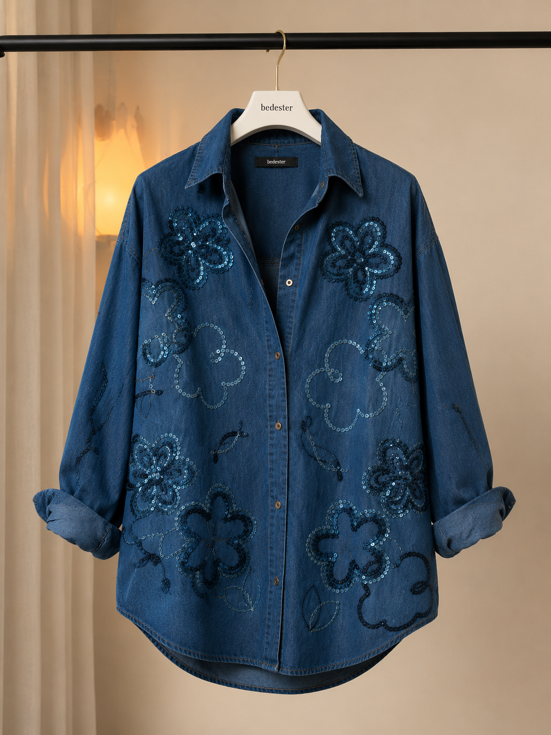 Alicia Embellished Denim Shirt with Sequin Detailing