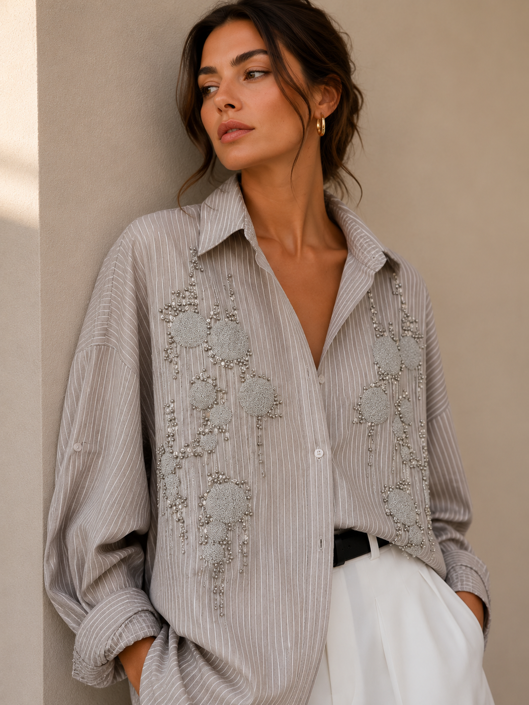 Odessa Embellished Shirt with Pearl Detailing