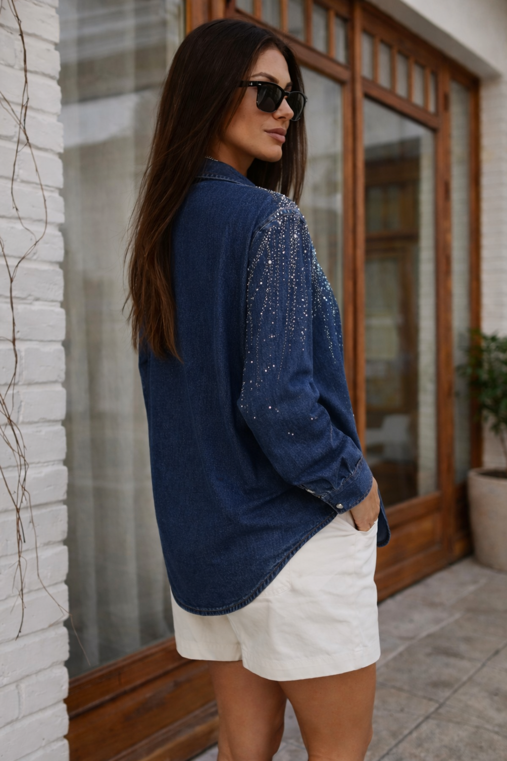 Lira Embellished Denim Blouse with Pearl Detailing