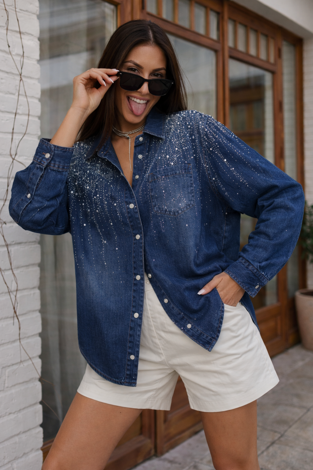 Lira Embellished Denim Blouse with Pearl Detailing