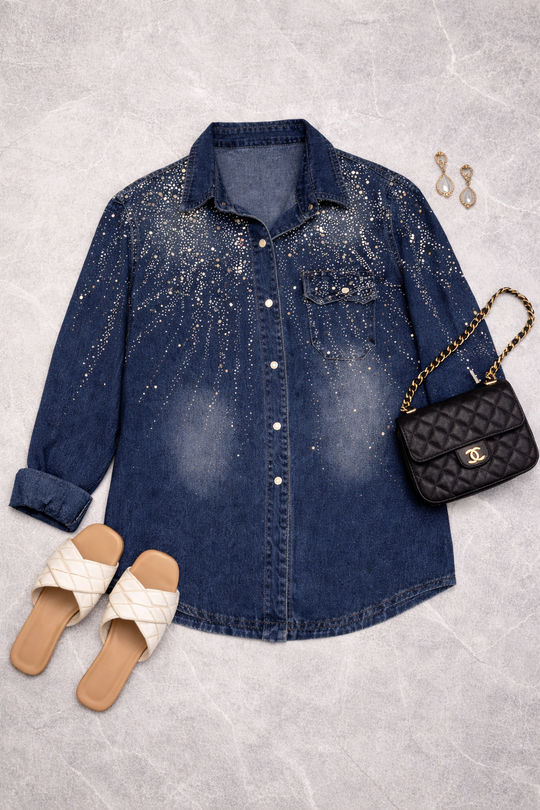 Lira Embellished Denim Blouse with Pearl Detailing