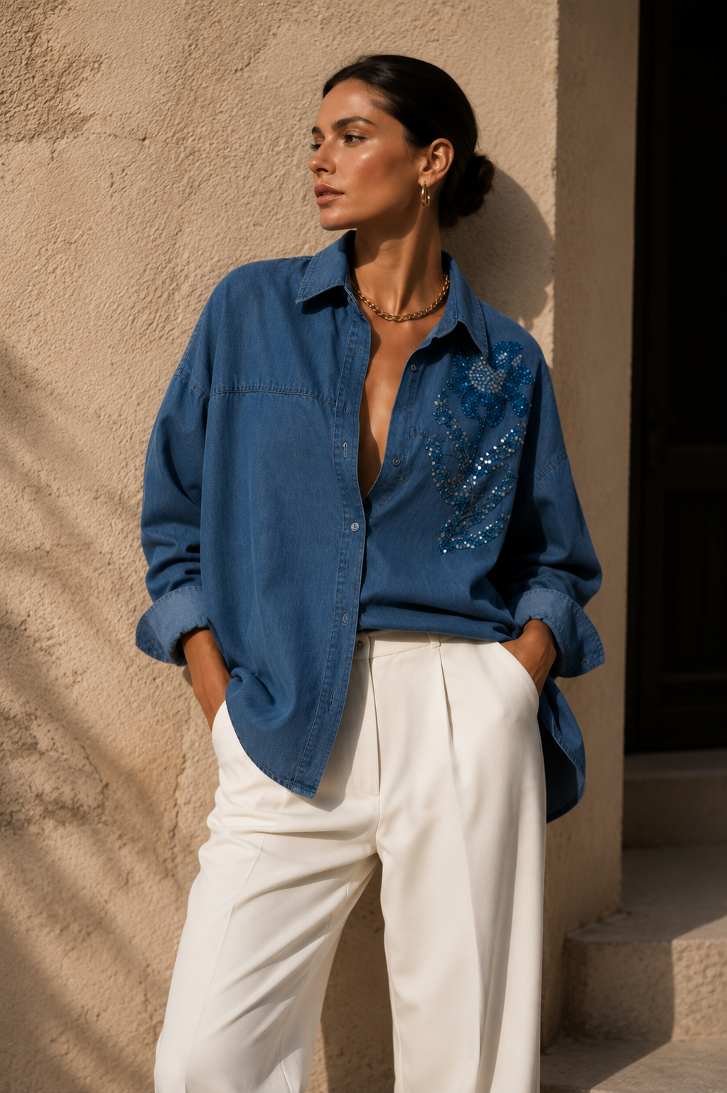 Gemma Embellished Denim Shirt with Sequin Detailing