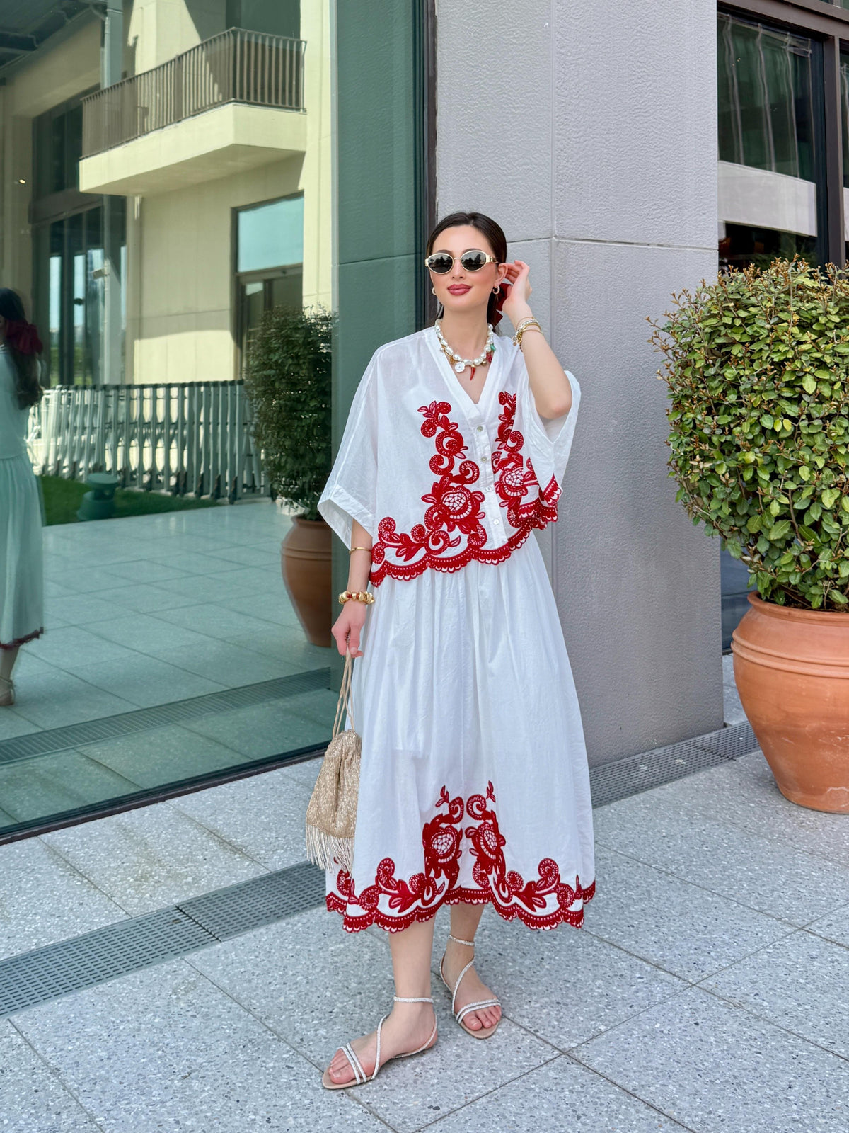 Isabel Embroidered Coordinated Set in Red