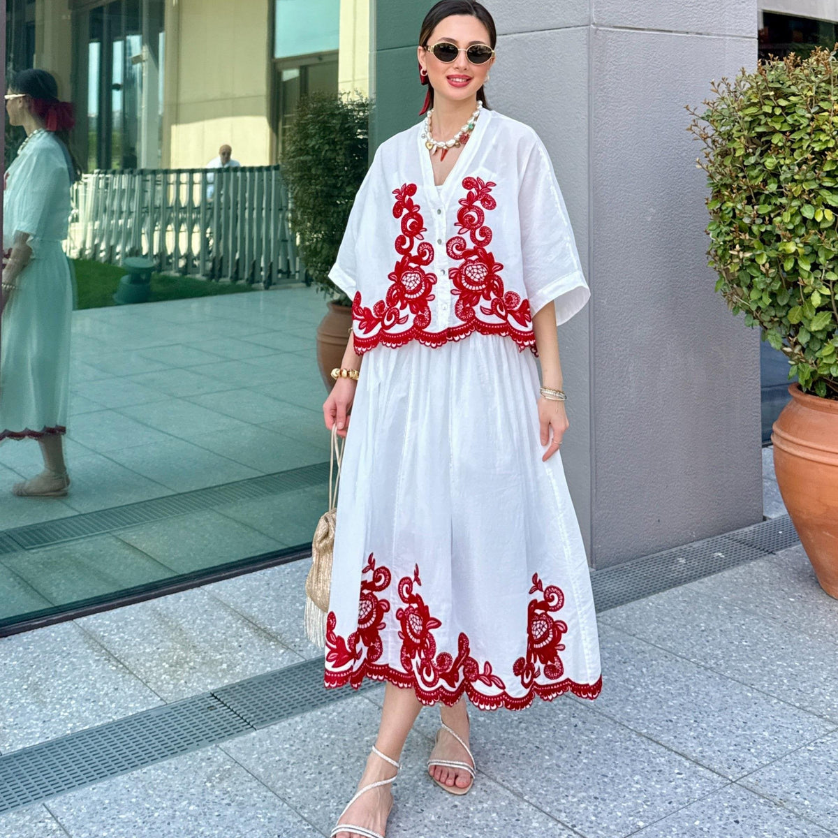 Isabel Embroidered Coordinated Set in Red