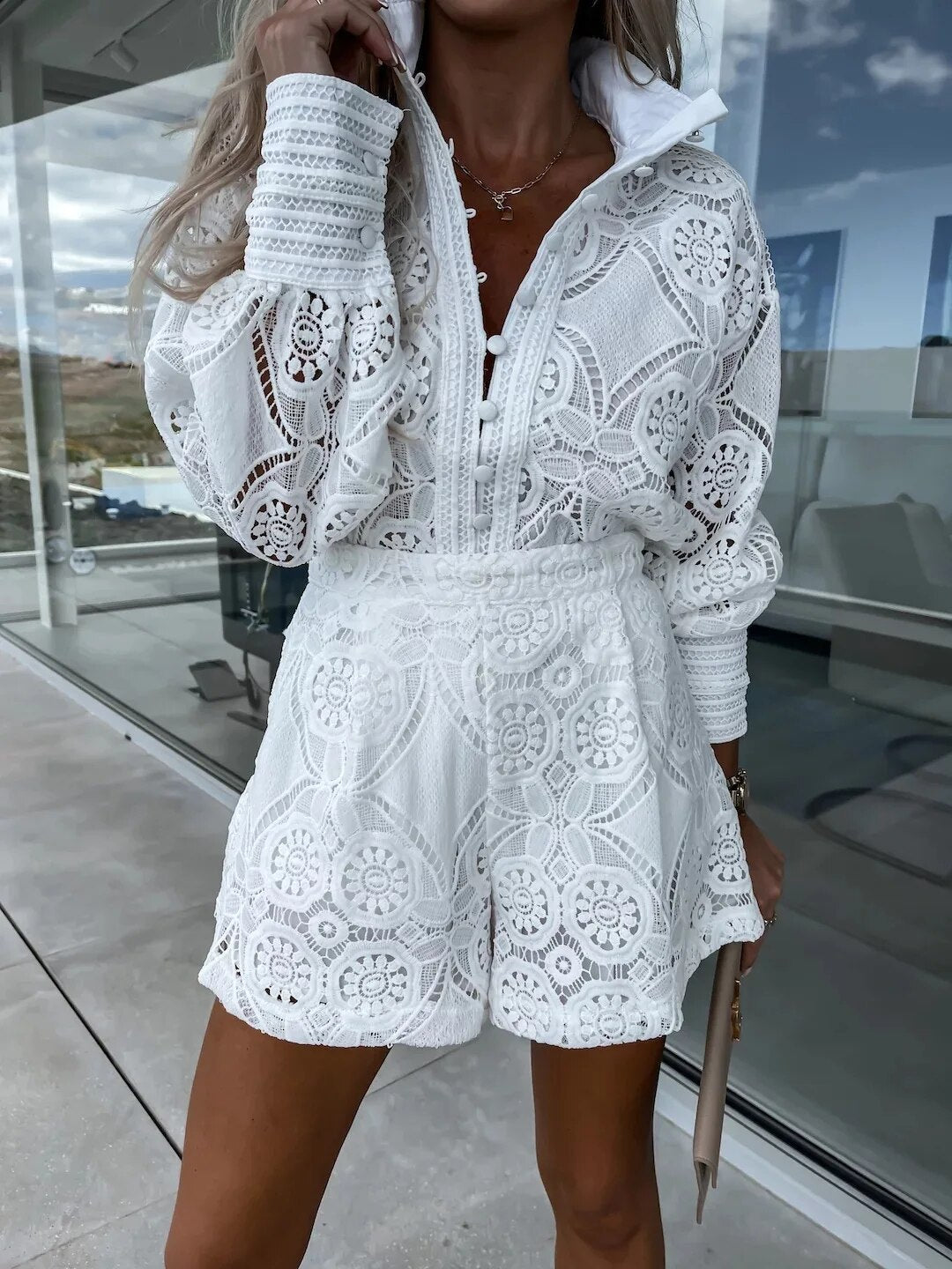 Hillary Hollow out Blouse and Shorts Set