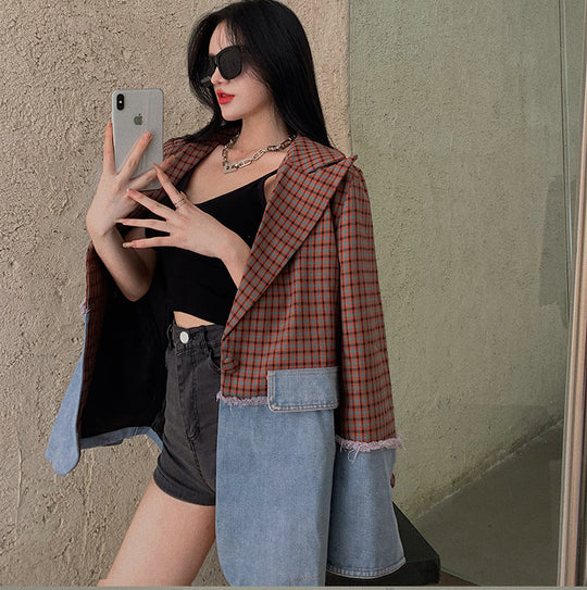 Wintour Plaid Denim Patchwork Blazer
