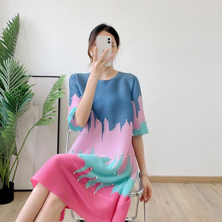 Darla Geometric print Designer Dress with Pearl Detailing