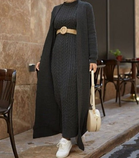 Selena Luxury Woolen Dress with Long Cardigan