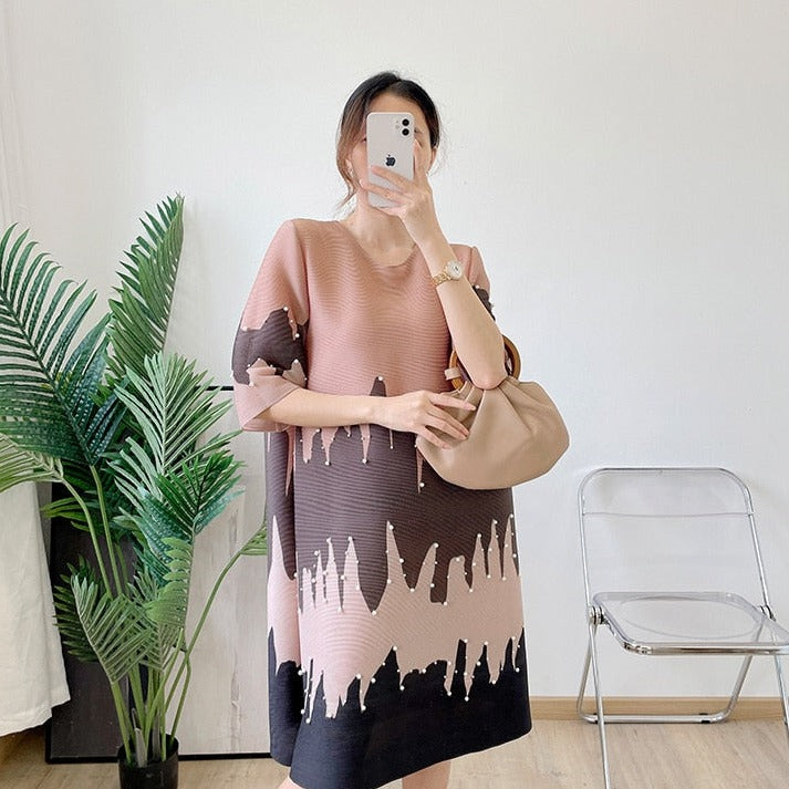 Darla Geometric print Designer Dress with Pearl Detailing